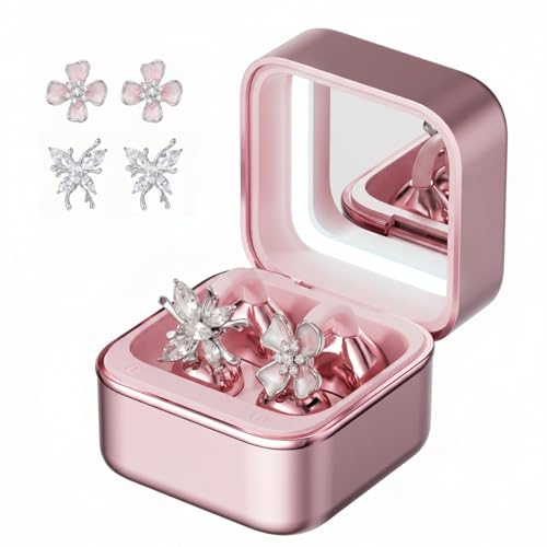 Wireless Earbuds with LED Makeup Mirror Case, Bluetooth 6.0 Open Ear Clip-On Headphones, Cute Pink Air Conduction Earphones for Women, Low Latency