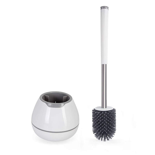 BOOMJOY Silicone Toilet Brush and Holder Set, Bathroom Cleaning Kit with Tweezers & Aluminum Handle – White