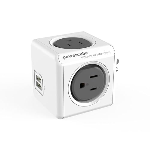 Allocacoc PowerCube Original USB; 4 Outlets Surge Protector 2 USBs Cubic Multi Socket Extender Power Tab Space Saving Compact No Blockage Dorm Home