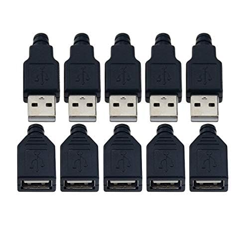 VizGiz 10 Pack USB Plug Replacement 4 PIN Type A Female Male Socket Connector Solder Terminal Repair AWG Wire Cable DIY Kit Jack for Fan LED Strip
