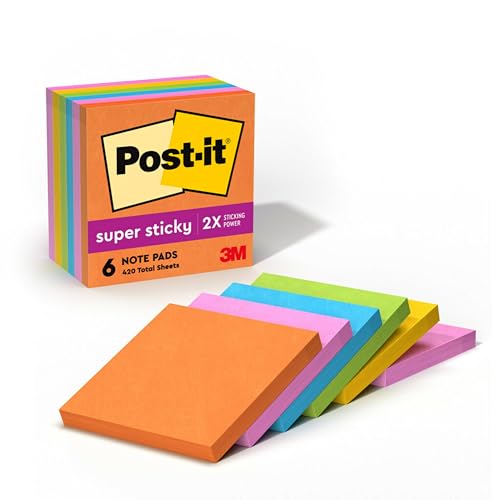 Post-it Super Sticky Notes, 3 x 3 in, Neon Fizz, 6 Pads, 70 Sheets/Pad