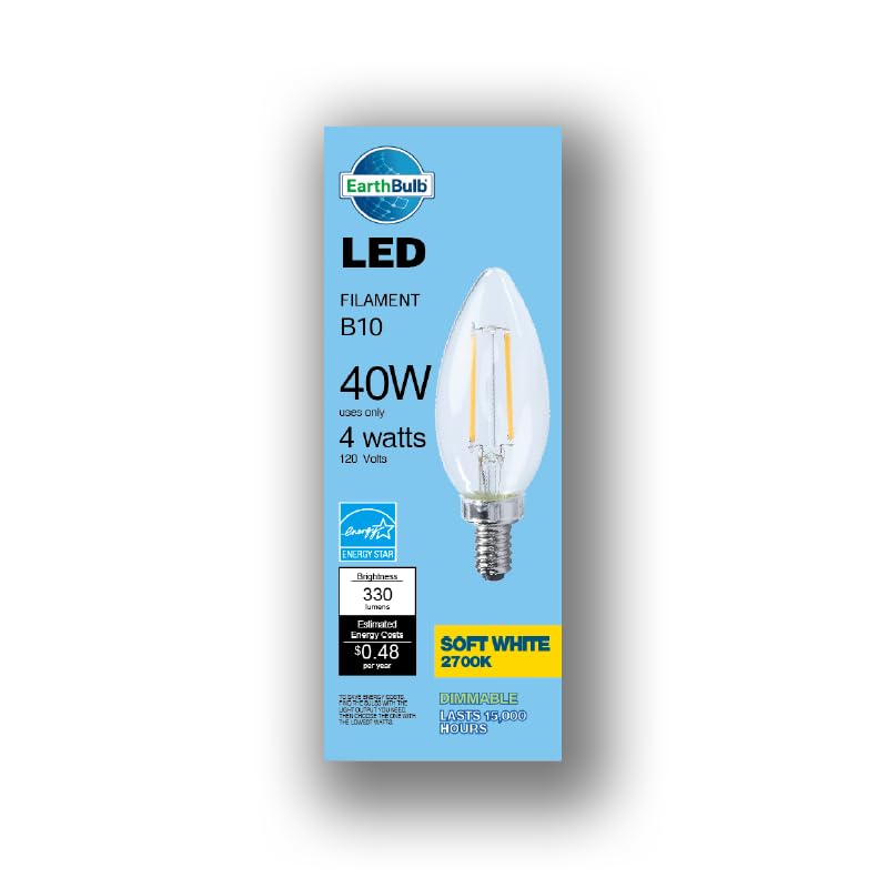 EarthBulb 12-Pack E12 LED Candelabra Bulbs - 4W, 330 Lumens,15,000-Hour Life, Energy Star Rated, Dimmable Soft White Light