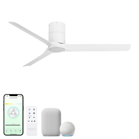 East Grove Home Delta Indoor or Outdoor 52in 3-Blade Smart Flush Mount Ceiling Fan 2700K-6000K CCT Tunable Range LED Light Kit with White Hardware in