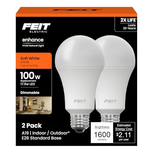 Feit Electric Enhance A19 LED Light Bulb, 100W Eq, Soft White, 2 Pack