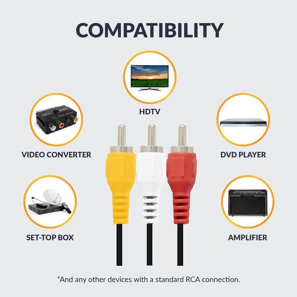 Newhouse Hardware 6ft 3-RCA Male-to-Male Cable RCA6-01, Male-to-Male Extension Cord AV Cable is Compatible with HDTV, DVD, VHS, VCR, Video Converter