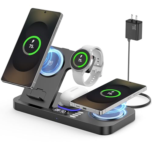 YiJYi Magnetic Wireless Charger for Samsung, 6 in 1 for Samsung Charging Station,30W Dual Phone with Auto-Switch 7-Color Light & Clock,for Samsung