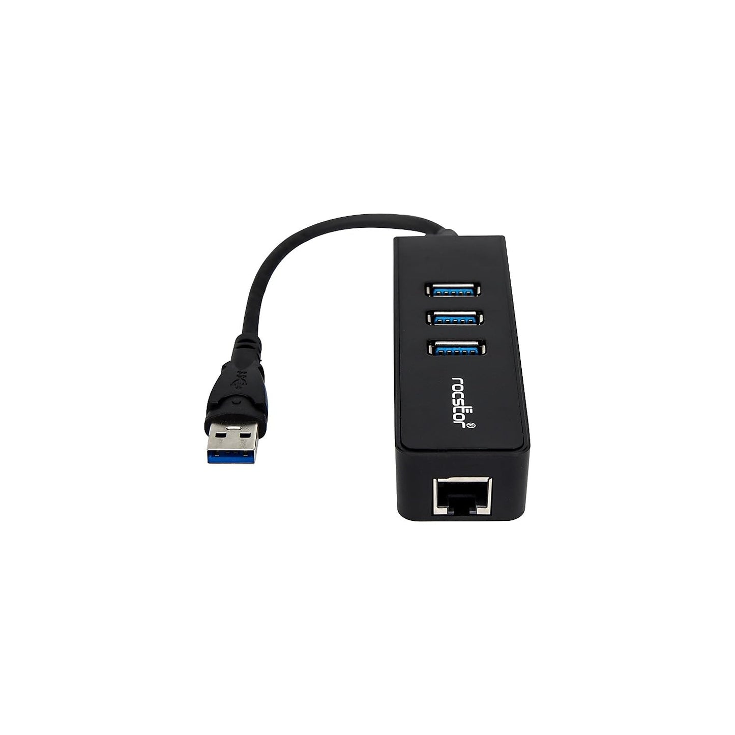 Rocstor Y10A179-B1 Premium 3 Port Portable USB 3.0 Hub with Gigabit Ethernet 10/100/1000- External Portable 3 Port USB Hub with GbE Adapter - Built-in