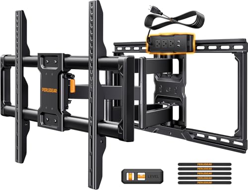 Perlegear Full Motion TV Wall Mount with Power Strip for 42-90 Inch TVs up to 150 lbs, Pre-Assembled TV Mount Has Smooth Swivel, Tilt, Extension, Max