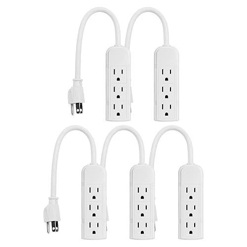 Uninex PS28E WTv2 Compact Grounded 3-Outlet Power Strip ETL Listed, 1-Foot, White, 5-Pack