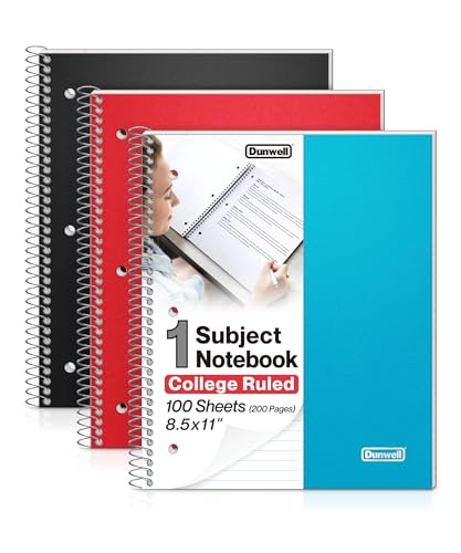 Dunwell College Ruled Spiral Notebook, (3-Pack, Red, Blue, Black) 1 Subject Notebook 8.5 x 11, Plastic Covers, Poly Pocket Dividers, 100 Sheets (200