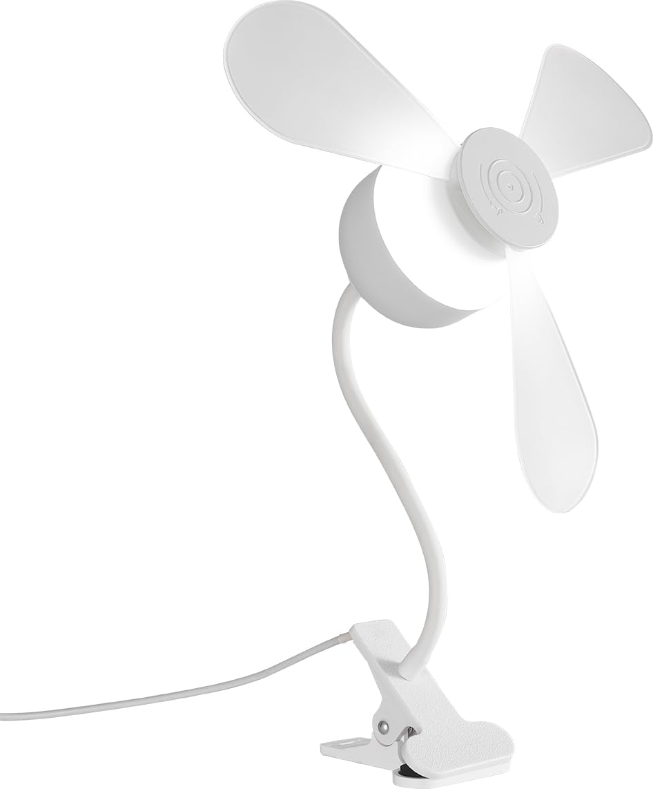 North Point Clip-On Fan with LED Light, Flexible Neck, Desk Clamp, White