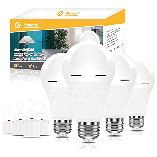 Neporal A19 Rechargeable Light Bulbs Emergency Light Bulb for Power Outages, Led Bulb 60 Watt Equiv., Self-Charging Light Bulb 1200mAh Battery Backup