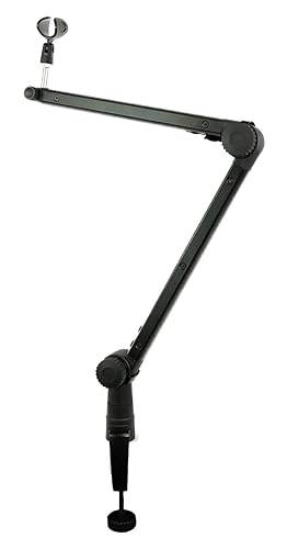 Rockville Rogan Stand Pro Boom Arm Mic Stand, 38" Reach, Aluminum, Dual Mount, Hidden 6.5Ft XLR Cable, Mic Clip Included, Foldable Design, For