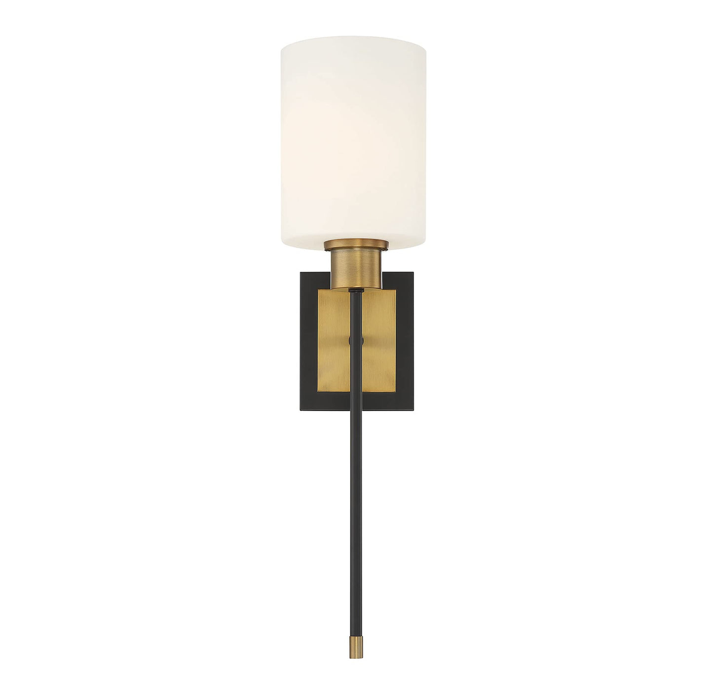 Savoy House 9-1645-1-143 Alvera Mid-Century Modern White Opal Glass Wall Sconce, 1-Light 60 Watt, 23" H x 6" W, Matte Black with Warm Brass Accents