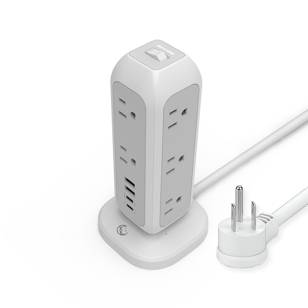[White Lunar] Power Strip Tower with Surge Protector - 11 AC Outlets, 4 USB Ports (2 USB-A & 2 USB-C), 6ft Heavy-Duty Flat Plug Extension Cord