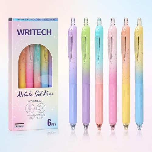 WRITECH Gel Pens Fine Point: Nebula Pen Set 0.7mm Black Ink Retractable 6ct Medium Point Smooth Writing with Aesthetic Gradient Color Barrel