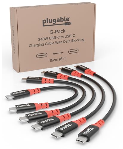 Plugable USB C to USB C Cable, Data Blocker Charge Only Cable 6in (Pack of 5): 240W Safe Charging for MacBook Pro, iPhone 15/16, iPad, XPS and More