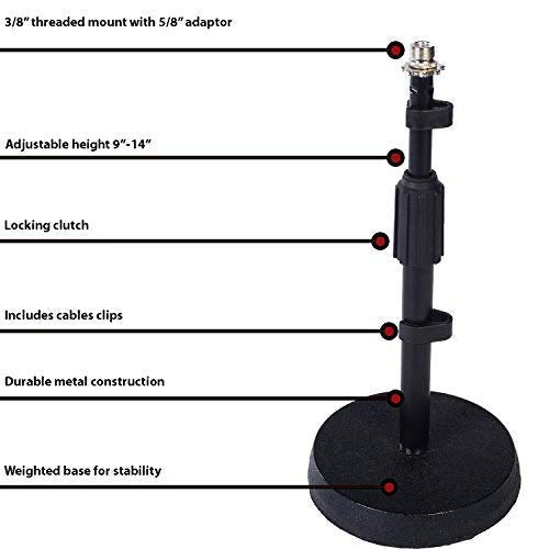 LyxPro Desktop Microphone Stand - 9"-14" Adjustable Height Desk Mic Holder - Weighted Cast Iron Base - 3/8"-5/8" Adapter Screw - Table Top with