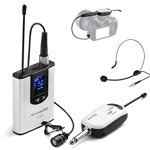 Alvoxcon Wireless Headset Lavalier Microphone System Wireless Lapel Mic Best for iPhone, DSLR Camera, PA Speaker, YouTube, Podcast, Video Recording