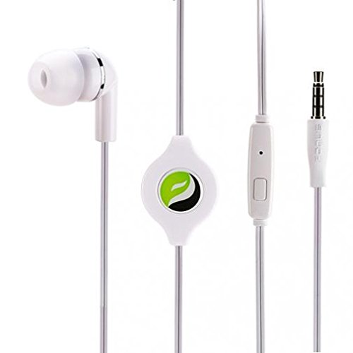 Premium Retractable Headset Mono Hands-Free Earphone Mic Single Earbud Headphone Earpiece in-Ear Wired [3.5mm] White for Verizon Samsung Galaxy J3…