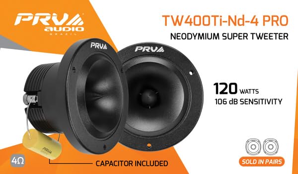 PRV AUDIO Bullet Super Tweeters Neodymium 240 Watts RMS 4 Ohm, 3.50 Inch PRV Black TW400Ti-Nd-4 PRO, Easy to Mount - High Output (2 Tweeters, Pair)