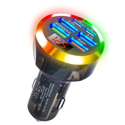 Super Fast Charge USB C Car Phone Charger Adapter 6 in 1 with Voltage Display 250W Multi Port Cigarette Lighter USB Charger with Volt Meter for iPhone