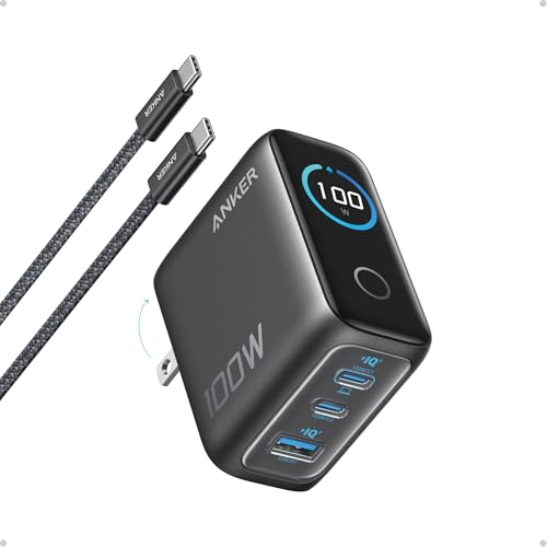 Anker Phone Charger,UP to 100W USB C Charger Block,Ultra-Compact 3-Port GaN Fast Wall Adapter with Smart Display and Touch Control for iPhone 17