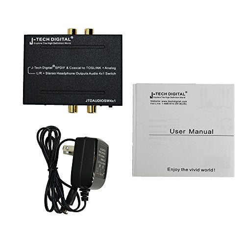 J-Tech Digital Optical SPDIF/Coaxial Digital to RCA L/R Analog Audio Converter 4x3 Switch with 3.5mm Jack Support Headphone/Speaker Outputs