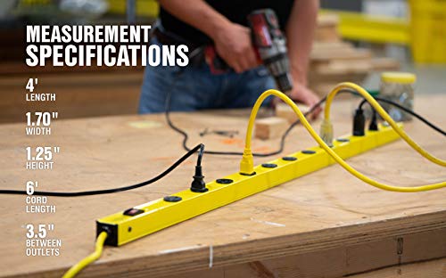 Southwire Yellow Jacket 4-Foot Metal Power Strip - 510J Surge Protector - Resettable Circuit Breaker - 12 Outlets - 6-Foot Yellow Cord - Heavy Duty