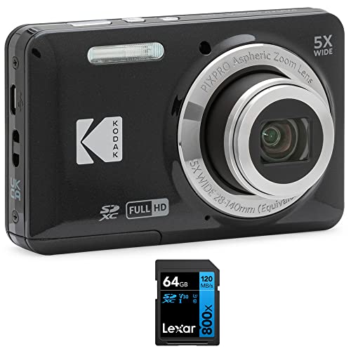 Kodak FZ55BK PIXPRO FZ55 Digital Camera Black Bundle with Lexar 64GB High-Performance 800x UHS-I SDHC Memory Card Blue Series