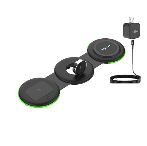 Tron 3 in 1 Foldable Magnetic Wireless Charger - Travel Charging Pad Dock for IWatch iPhone 16 15 14 13 12 Pro Max Plus & Earbuds