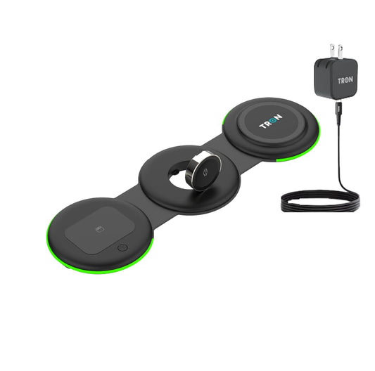 Tron 3 in 1 Foldable Magnetic Wireless Charger - Travel Charging Pad Dock for IWatch iPhone 16 15 14 13 12 Pro Max Plus & Earbuds
