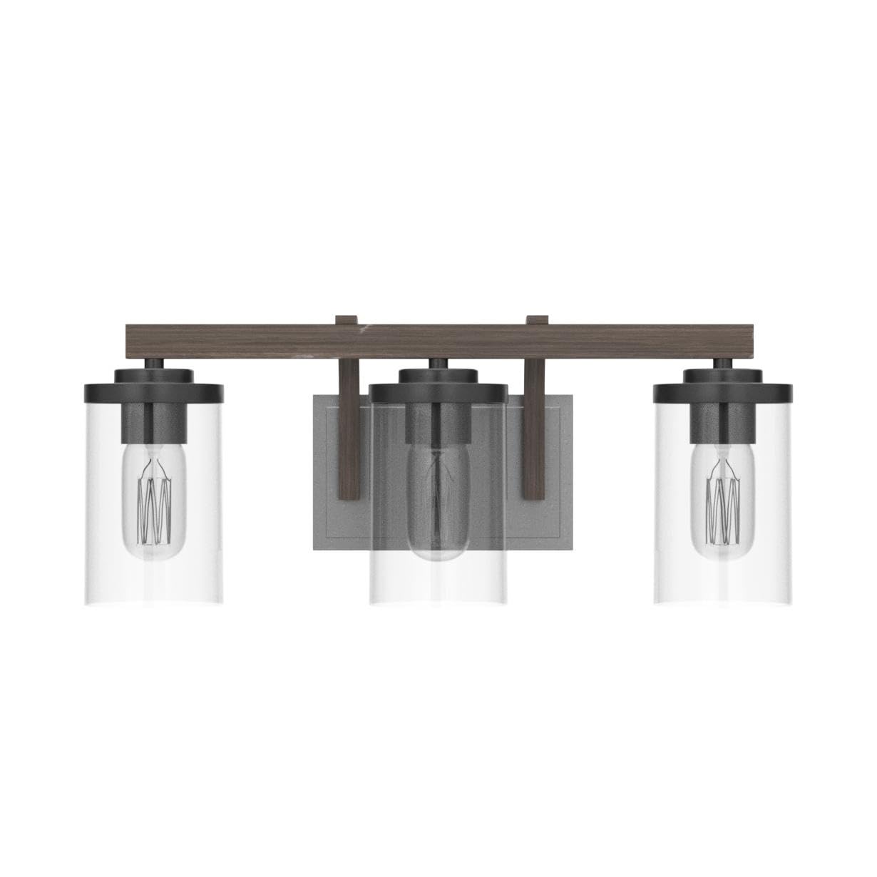 LALUZ Bathroom Vanity Light Fixtures, 3-Light Farmhouse Vanity Light with Clear Glass Shades, Faux Wood, 20’’ L x 6.3’’ W x 8.7’’ H