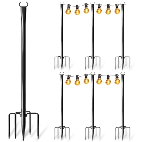 6 Pack String Light Poles for Outside, Upgraded Heavy-Duty Metal Poles for Outdoor String Lights with Fork, Adjustable Lighting Hanging Accessories