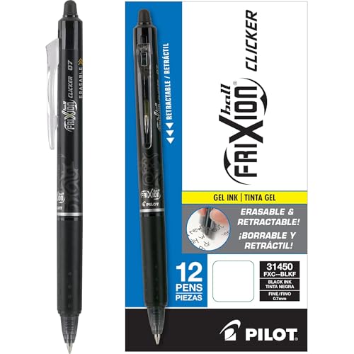 Pilot, FriXion Clicker Erasable Gel Pens, Fine Point Pens 0.7 mm, Pack of 12, Black