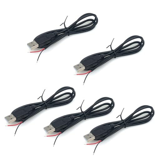 Jienk 5Pcs 3.2Ft 22AWG USB 2.0 Male 2Pin Pigtail Cable, 3A 5V USB Type A 2 Core Bare Wire Open End Extension for DIY Repair