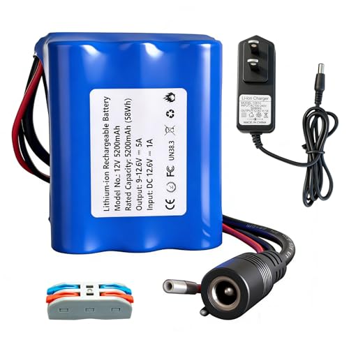 12V 5200mAh Rechargeable Li-ion Battery with Charger, Bare Leads Wire Battery Pack Perfect for DIY Project, Speakers, RC Car, Robot Toys, LED Light