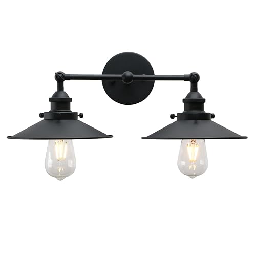 Phansthy Vintage Industrial Farmhouse Wall Sconces, Matte Black 2-Light Kitchen Wall Lighting, Bathroom Vanity Light Fixtures with 8.5 Inches Cone