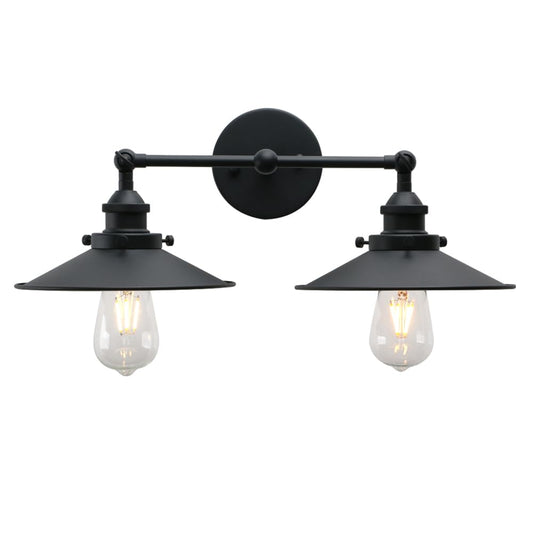 Phansthy Vintage Industrial Farmhouse Wall Sconces, Matte Black 2-Light Kitchen Wall Lighting, Bathroom Vanity Light Fixtures with 8.5 Inches Cone