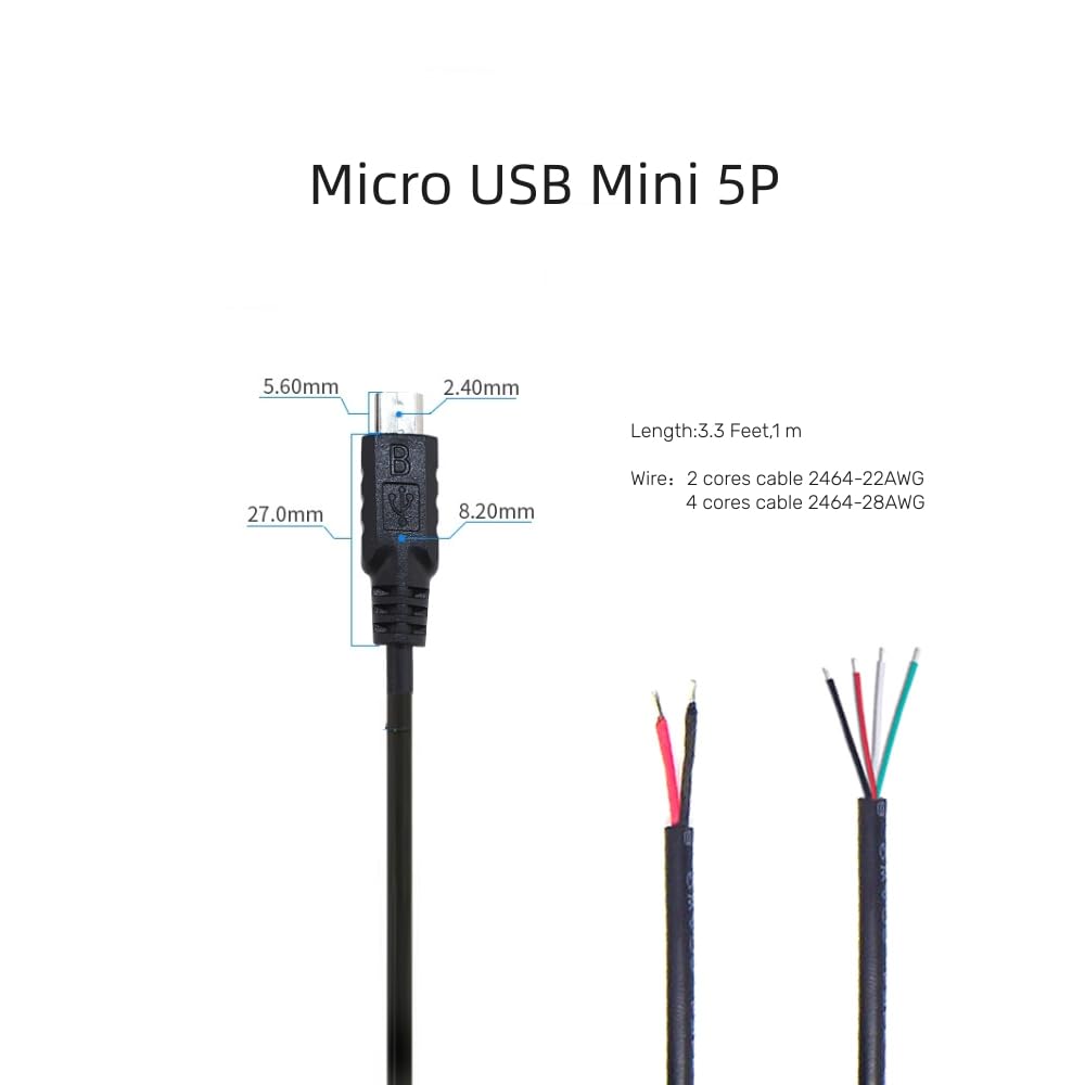 KSOPUERT 4 Pcs Mini 5P USB to Bare Wire Open End Cable 3.3FT 5V 2.1A 22AWG 2 Cores & 4 Cores Power Pigtail Repair Tin on The Tail Cable Cord DIY Black