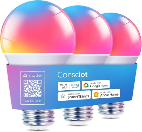 Consciot Smart Light Bulbs, WiFi Bluetooth Color Changing LED Light Bulb, Music Sync, 60W Equivalent Smart Bulb, A19 E26 RGBTW Light Bulbs That Works