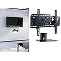 2xhome - New TV Wall Mount Bracket (Single Arm) & Single Shelf Package - Secure Cantilever LED LCD Plasma Smart 3D WiFi Flat Panel Screen Monitor