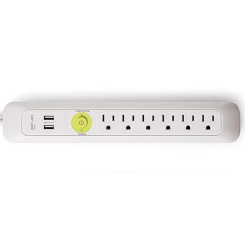 Easylife Flat Plug Power Strip with Surge Protection 6 Outlet and 2 UBS Port Power Strip Wall Mount Surge Protector for Desk Home Office and TV Setup