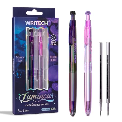 WRITECH Gel Pens Medium Point: Luminous pen set 0.7mm, Black Ink, Includes 2 Pens and 2 Refills, Silent Clicker, Smooth Writing for School Office
