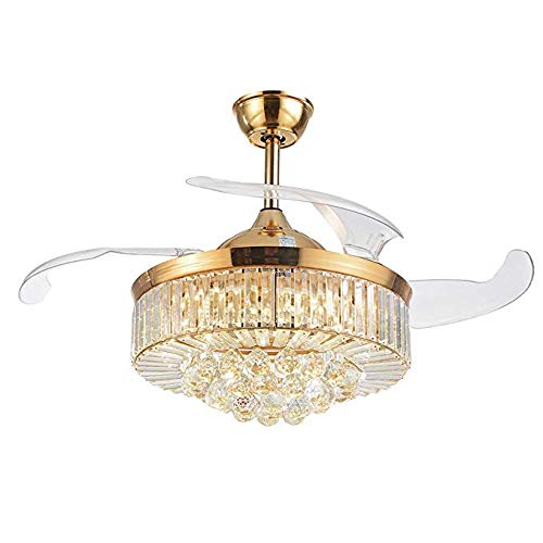36/42inch Modern Luxury K9 Crystal Ceiling Fan with 4 Retractable Blades 3 Speeds Silent Ceiling Fans Lighting Fixture LED Light for Home Restaurant