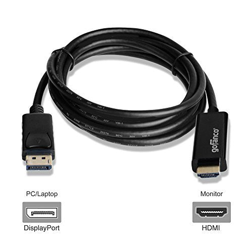 gofanco 6 Ft. DisplayPort 1.2 to 4K HDMI Cable Adapter [Gold Plated] for DP Systems to HDMI Ultra HDTVs or Monitors (DP4kHDMI6F)