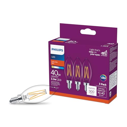 PHILIPS LED Clear Non-Dimmable B11 Light Bulb - EyeComfort Flicker Free - 3.3W = 40W - 300 Lumen - Soft White (2700K) - E26 Base - Indoor - Title 20