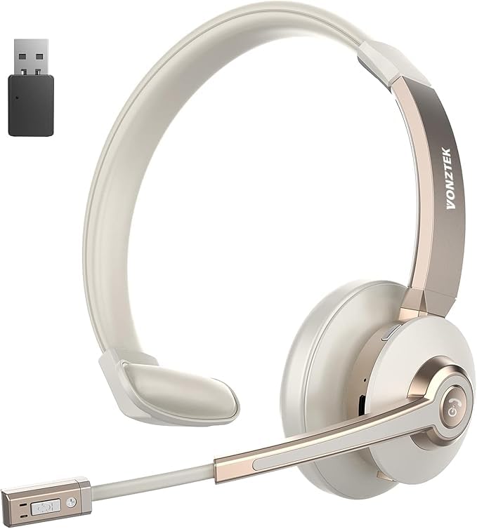 Vonztek Wireless Headset, Trucker Bluetooth Headset with Microphone Noise Canceling & USB Dongle, 5.0 Wireless Headphones with Mic Mute for Cell Phone