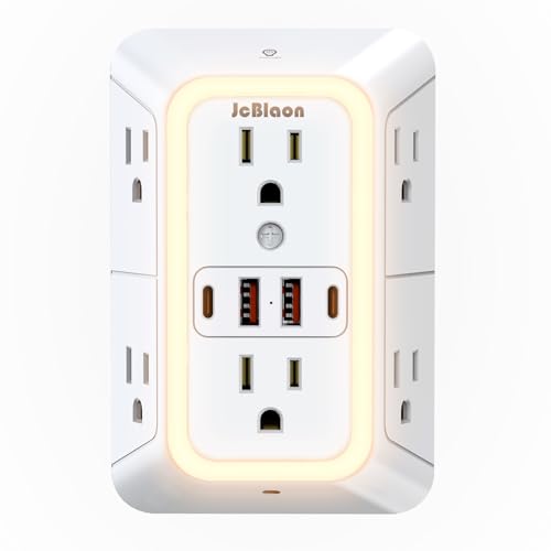 Wall Outlet Extender with Night Light, Power Plug Adapter 6 Outlet Extender with 4 USB Charging Ports 1050J Power Strip Multi Plug Adapter Spaced