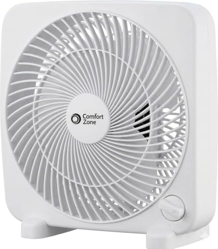 Comfort Zone Box Fan, 9 inch Portable Desk fan, Quiet 3 Speed Mini Fan for Bedroom, Electric Bedside Table Fan, White